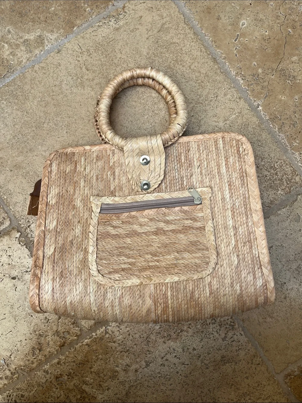Handwoven Natural Straw Tote Bag with Round Handle
